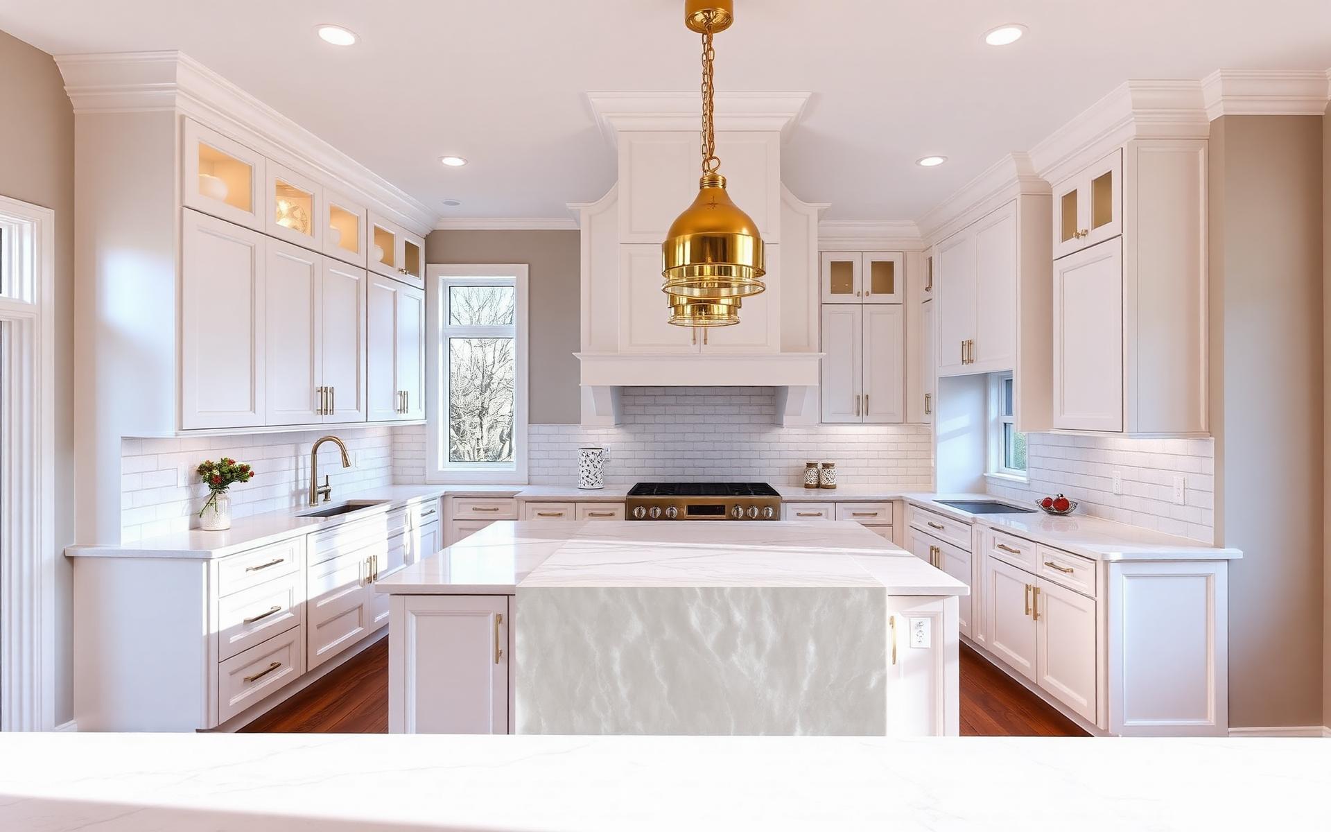 Custom South Florida kitchen remodel with white shaker cabinets, marble waterfall island, and gold pendant lights